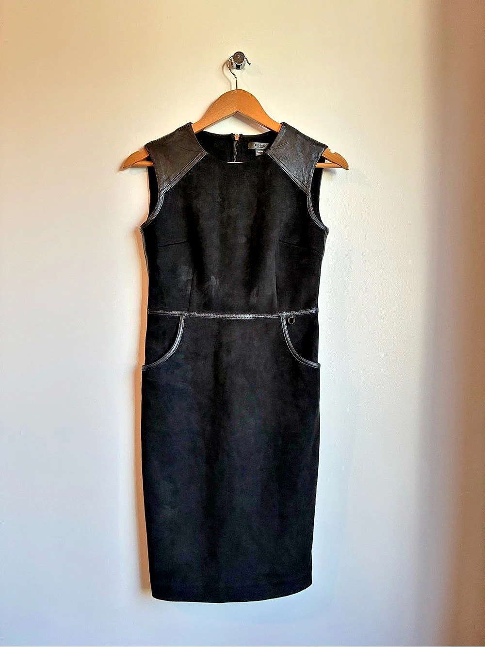 RUDSAK Black Genuine Leather Trim Sheath Dress Exposed Zipper XS
